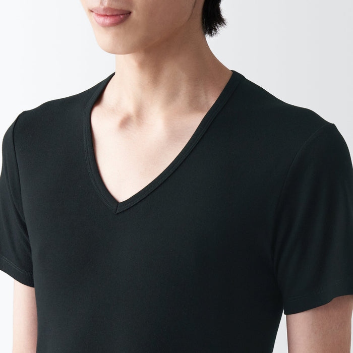 Camiseta Muji Side Seamless Ribbed V Neck Short Sleeve Hombre Negros | XA8F1J99P